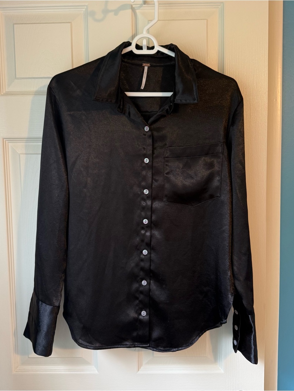 Free People Black Satin Button-Down Shirt, XS